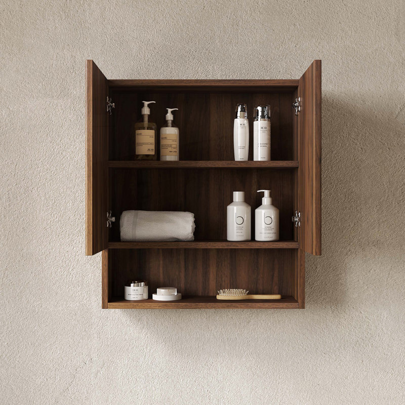 Armoire de salle de bain murale rayée de 26 pouces avec portes et rangement ouvert, Noyer foncé