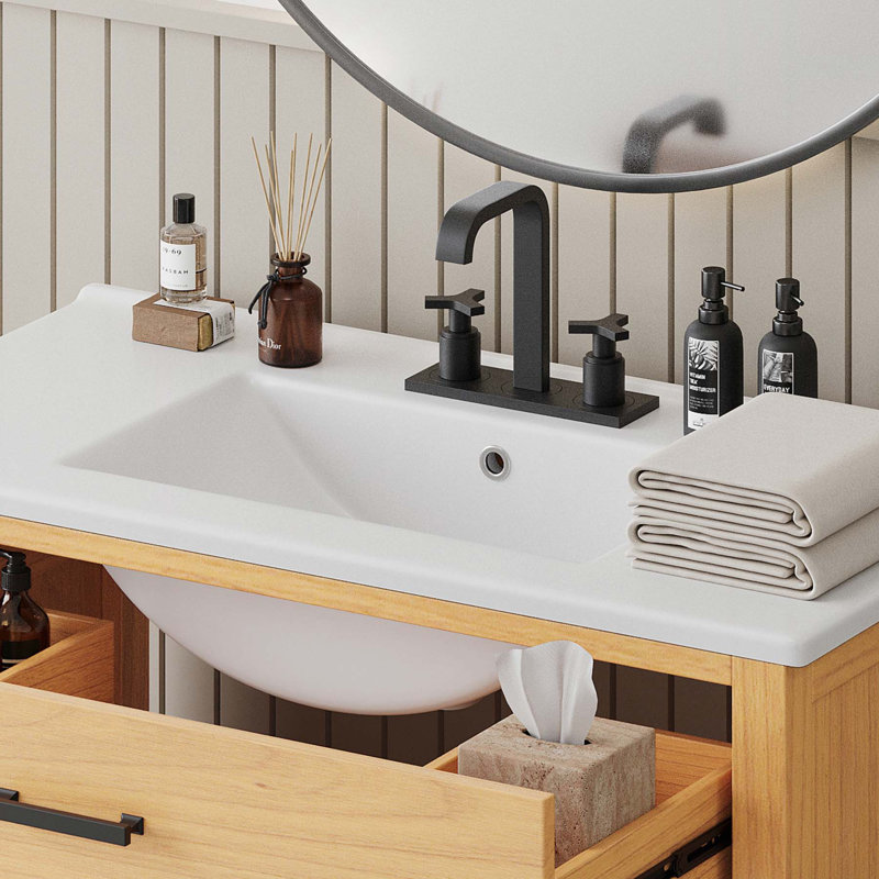 Meuble-lavabo moderne en rotin avec lavabo en céramique et beaucoup de rangement, Naturel