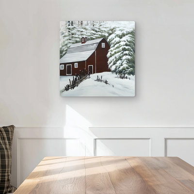 Red barn in snow - Livingroom Red metal print for home decor