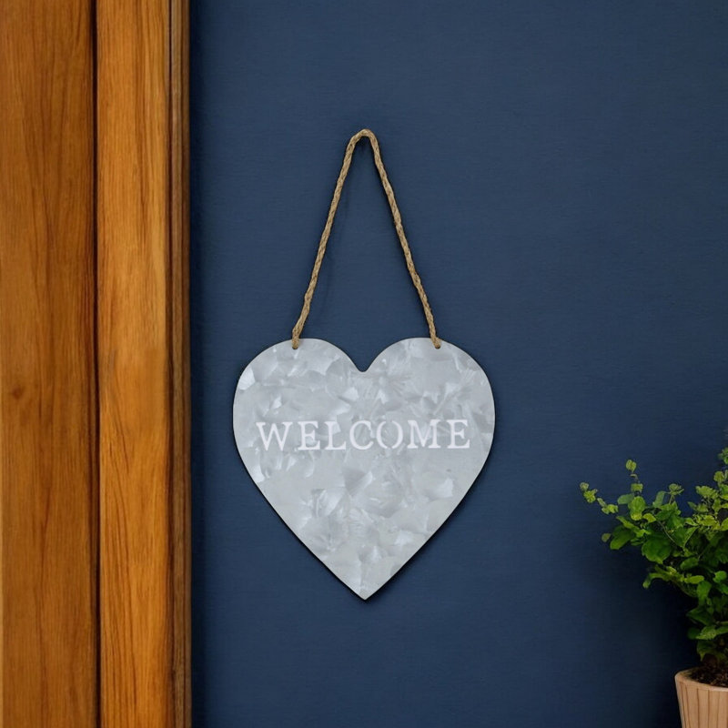 10" Gray Galvanized Metal Heart Shaped Welcome Wall Decor, 9.5' x 9.5' x 0.25'