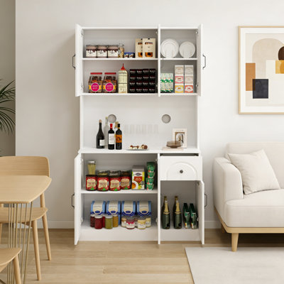 71" White Kitchen Pantry Storage Cabinet With Microwave Countertop & 6 Doors