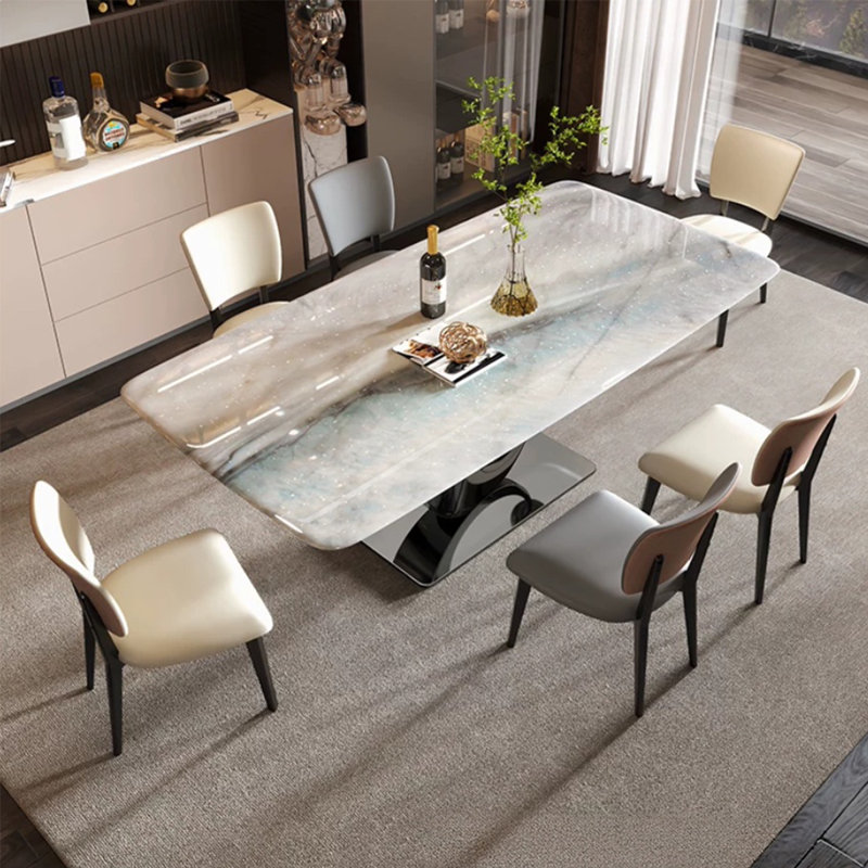 Black Rectangular Marble Stainless Steel Dining Table, 28.35"H×55.12"L×31.5"W
