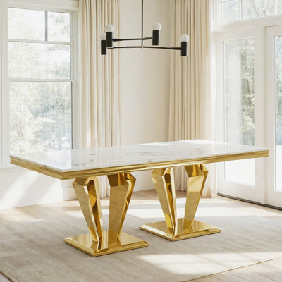 Table de salle à manger en MDF à dessus en marbre pour 6 pièces en acier inoxydable poli 66,9 po or blanc avec base en forme de losange, grande et longue table de salle à manger moderne