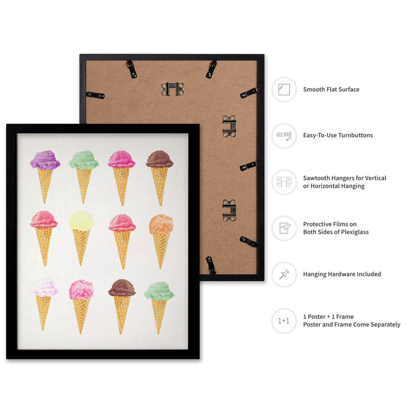 Différentes saveurs de crème glacée, Cadre noir, Affiche, H 08 po x l 10 po