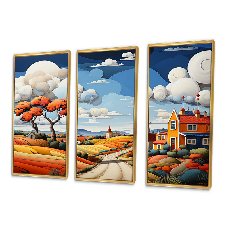 Ensemble de décorations murales De Stijl Style County Side II - Campagne, Cadre flottant doré, H 28 po x l 36 po x P 1 po