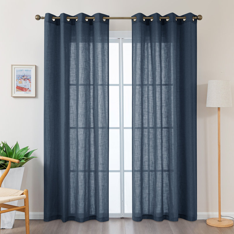 Vollmar Linen Blended Grommet Semi-Sheer Curtain Pair, 52" W x 84" L, Navy