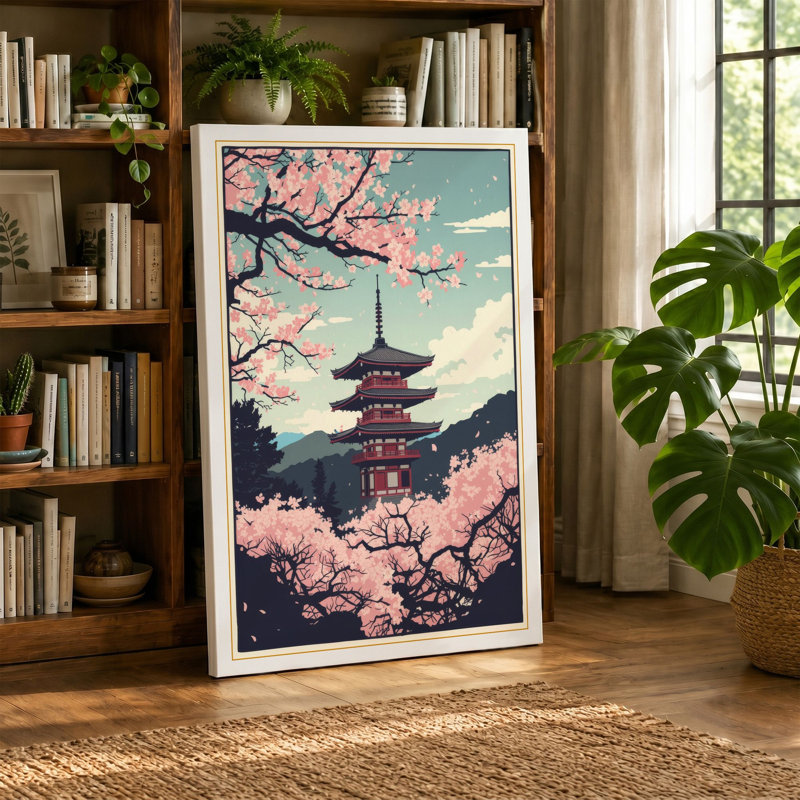 Pagoda Under Blossom Japandi - Wrapped Canvas, 36x24 - 91.4 x 61.0 cm, Teal Border