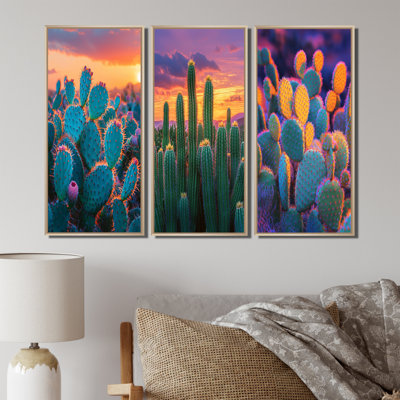 Jardin de cactus au coucher du soleil au Mexique I - ensemble de 3 art mural floral cactus