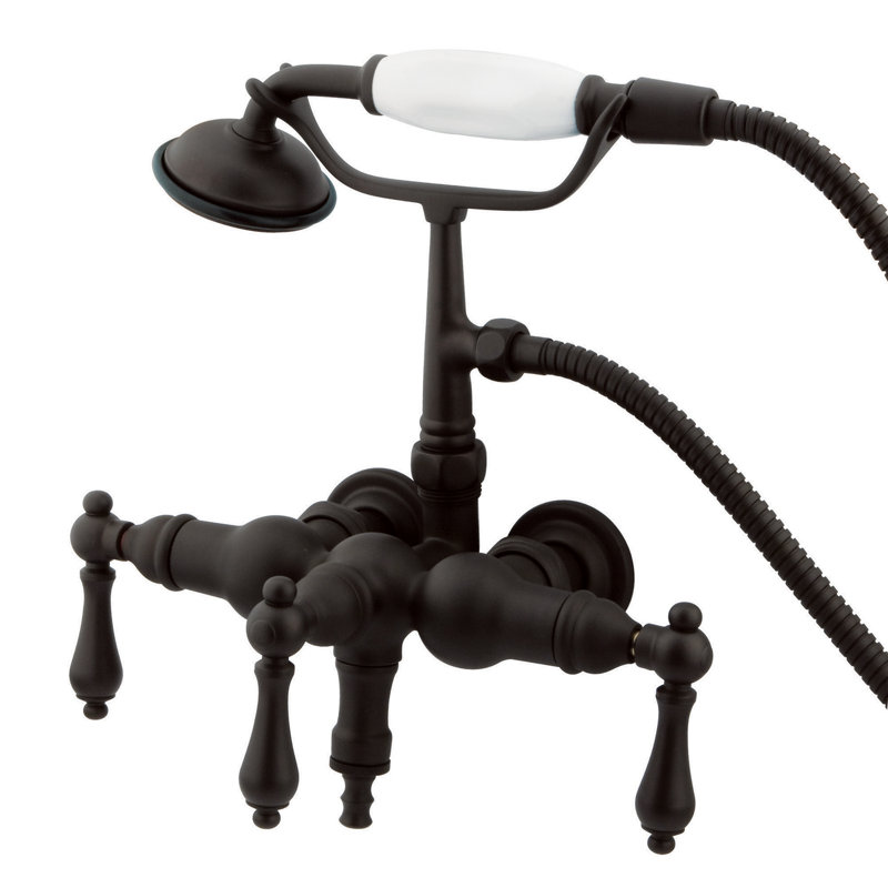 Kingston Brass Vintage Three-Handle 2-Hole Tub Wall Mount Clawfoot Tub Faucet with Hand Shower, Brushed Nickel
