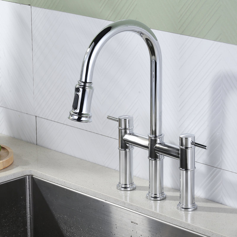 Chrome High-Arc Double Handle Kitchen Faucet with Pull-Out Spray