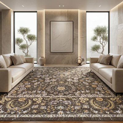 Tapis lavable 5 x 7 pi pour salon - tapis à imprimé floral Boho. Conception traditionnelle bohème. Velours doux. Revers antidérapant en TPR. Lavable à la machine. Café brun