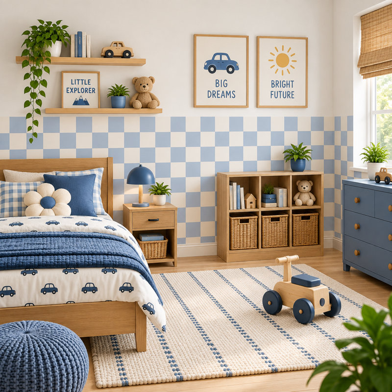 Adhésif décoratif demi-damier bleu et crème 192 pouces de large, hauteur de 40 pouces, L 192 po x H 40 po