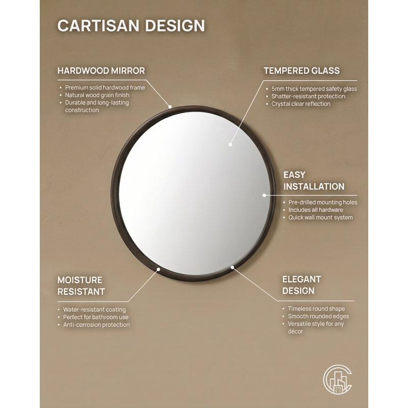 Zen LED Mirror, Dark Walnut, Round, 29.52" x 29.52"