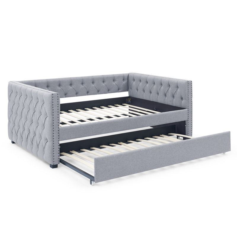 Lit de jour rembourré avec couchette, Gris, Complet/Double