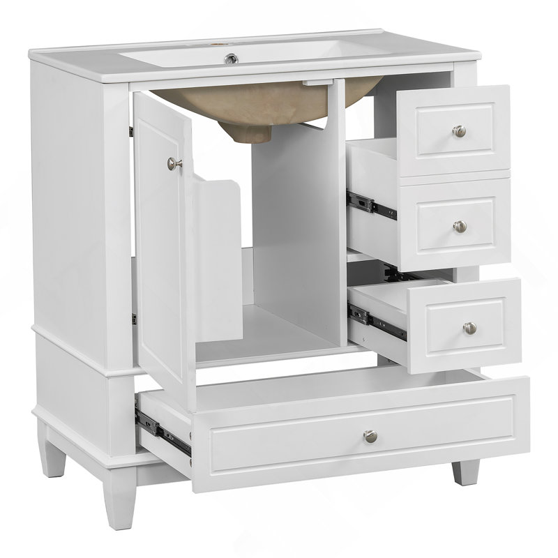Meuble-lavabo 30 po avec lavabo, une porte avec tablette et trois tiroirs, porte à fermeture douce, blanc, Blanc
