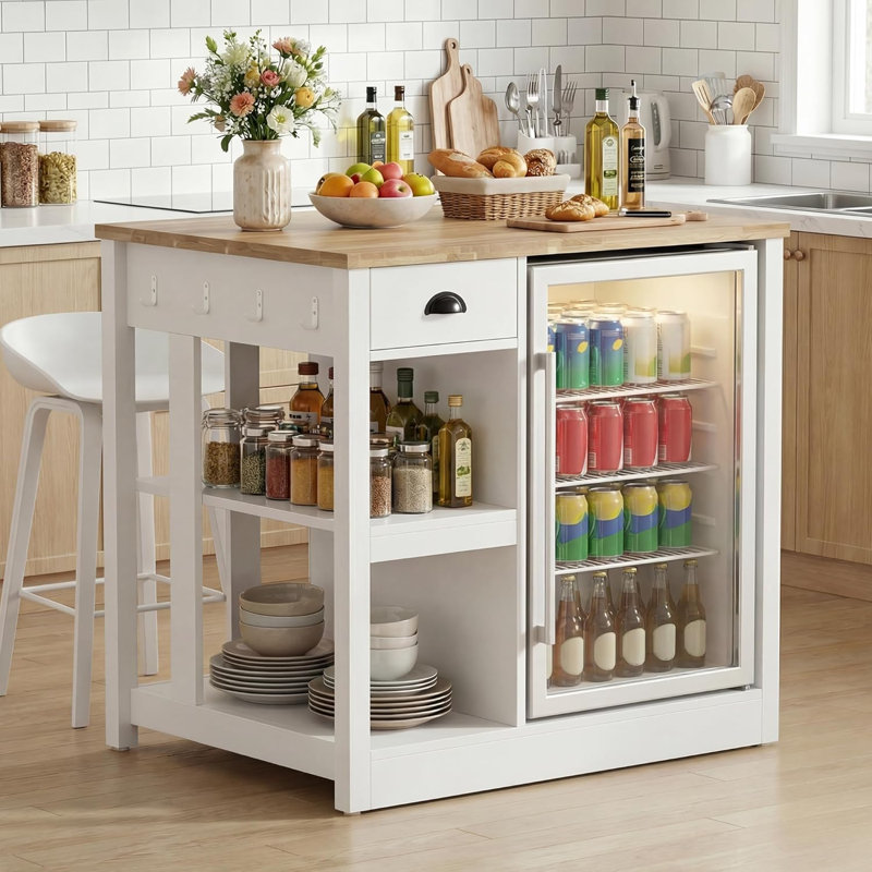 35.4" Farmhouse Kitchen Island with Beverage Fridge Cubby, Power Outlet & USB, Rubberwood Top, Compact Size for Small Kitchens