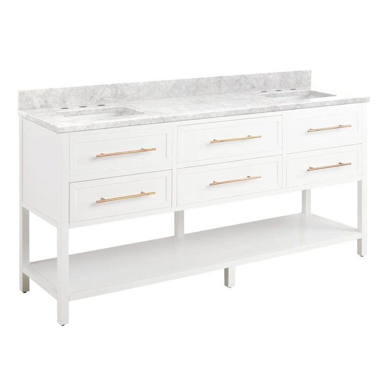 72" Robertson Double Bathroom Vanity Set with Rectangular Undermount Sinks, 8" Widespread, Carrara Marble, White