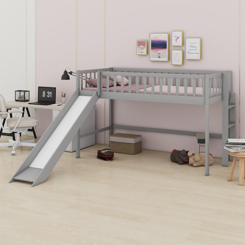 Low Loft Bed With Ladder And Slide, Gray