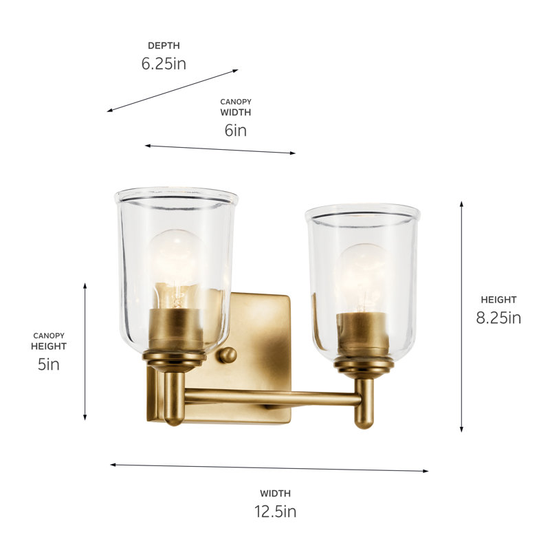 Éclairage pour salle de bain 2 lumières 12,5 po avec verre transparent 12,5 po, Laiton