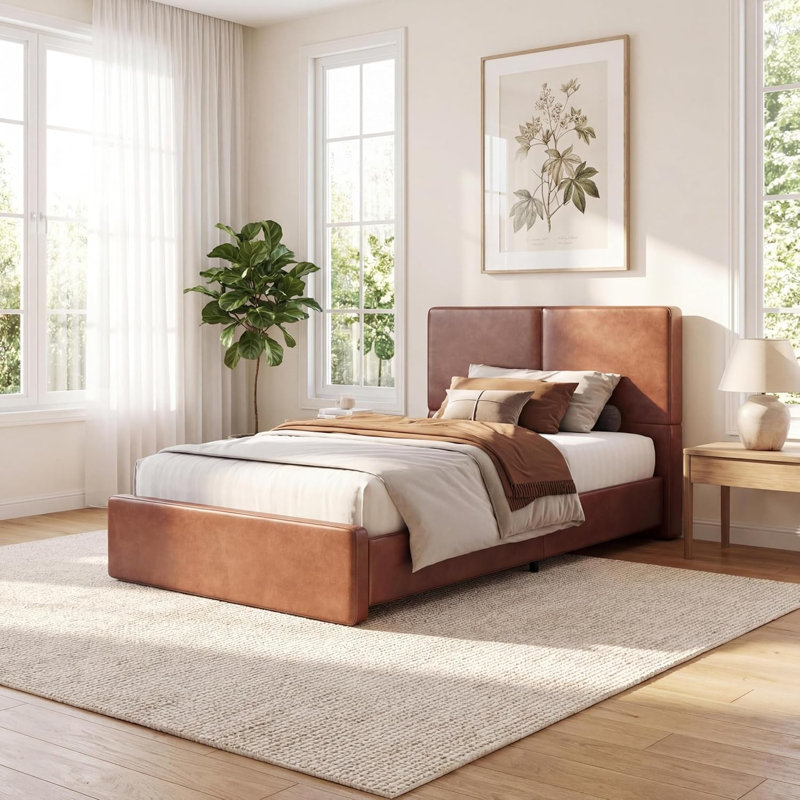 Twin Size Upholstered Bed Frame,Platform Bed with Headboard, No Box Spring Needed, Heavy Duty 900 Lbs Capacity, Noise Free Easy Assembly, Brown