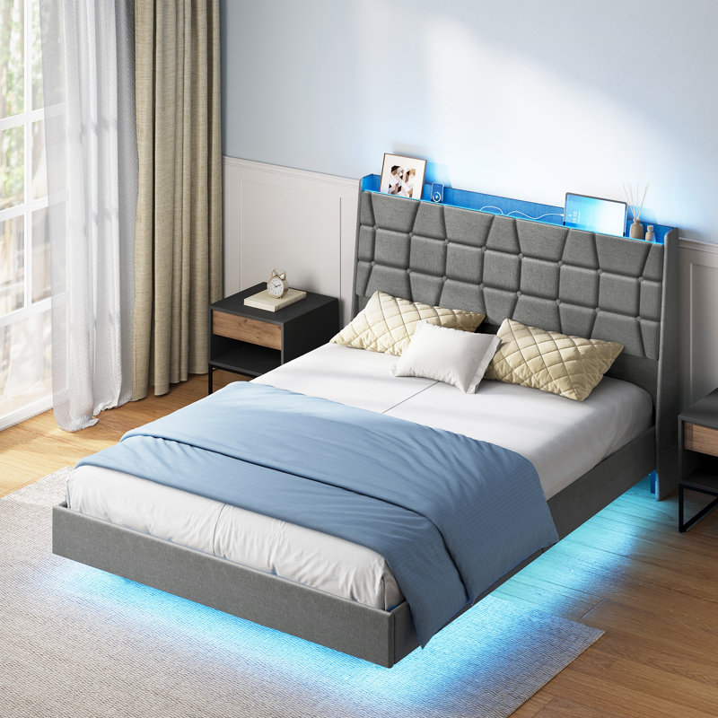 Floating Bed Frame with LED Lights, Charging Station, Tufted Storage Headboard, No Box Spring Needed, Light Gray, Full