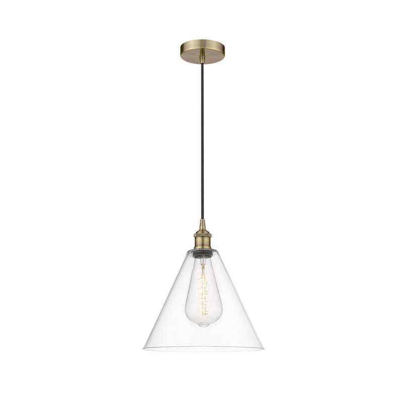 Luminaire suspendu conique à 1 lumière Bluford, H 14 po x l 12 po x P 12 po, Transparent, Laiton antique