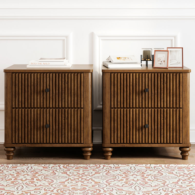 Table de chevet 2 pièces avec table de chevet et 3 tiroirs, Beige