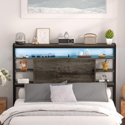 Storage Headboard with LED Lights and Charging Station