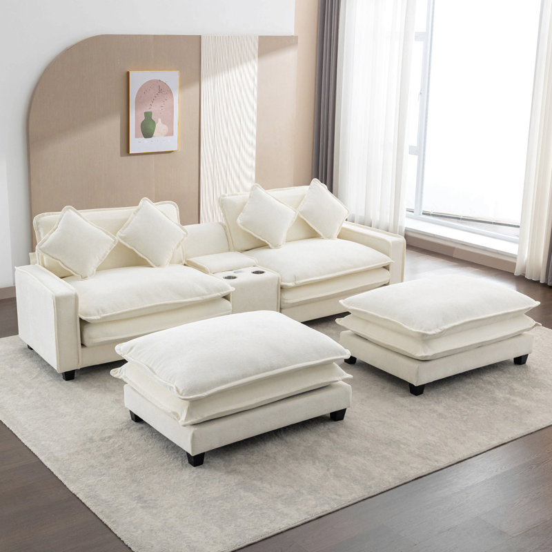 Canapé modulaire surdimensionné 112,6 "avec 2 ports USB et 2 porte-gobelets, Chenille beige / mélange de polyester