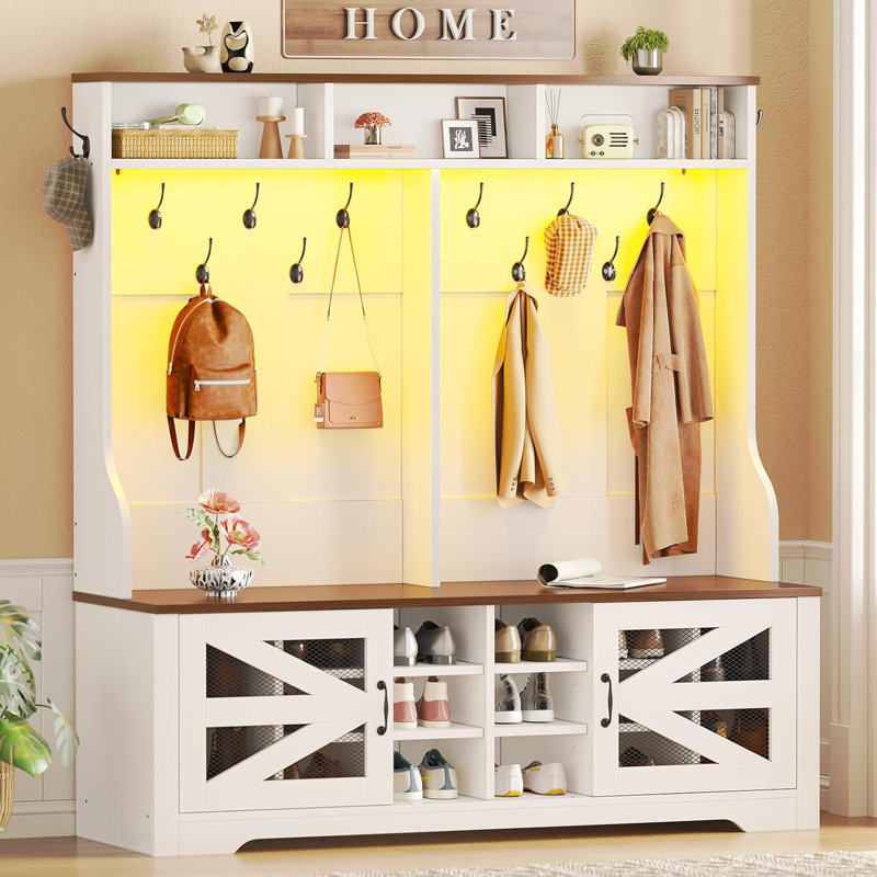 Hall Tree With Bench And Shoe Storage, 5-In-1 Entryway Bench With Coat Rack, White/Brown