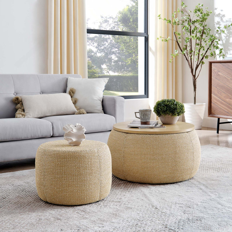 Round Storage Ottoman, Woven Rattan Fabric Ottoman, 2 In 1 Function, Work as End Table and Ottoman,With Small Seat-Nature