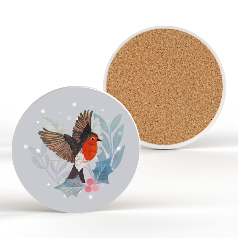 Festive Robin Landing Christmas Ceramic Round Coaster