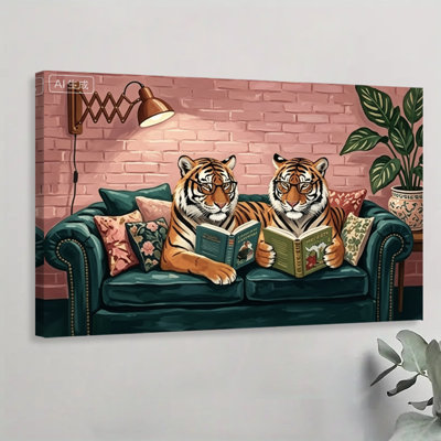 1Pc Framed Canvas Poster Print Two tigers reading books on a couch, cozy indoor setting, whimsical digital art style. Wall Art Decor, Perfect for Room Decor Living Room Bedroom Office Kitchen Bathroom Home Decor, Ideal Home Wall Decoration Gift, 2D Flat