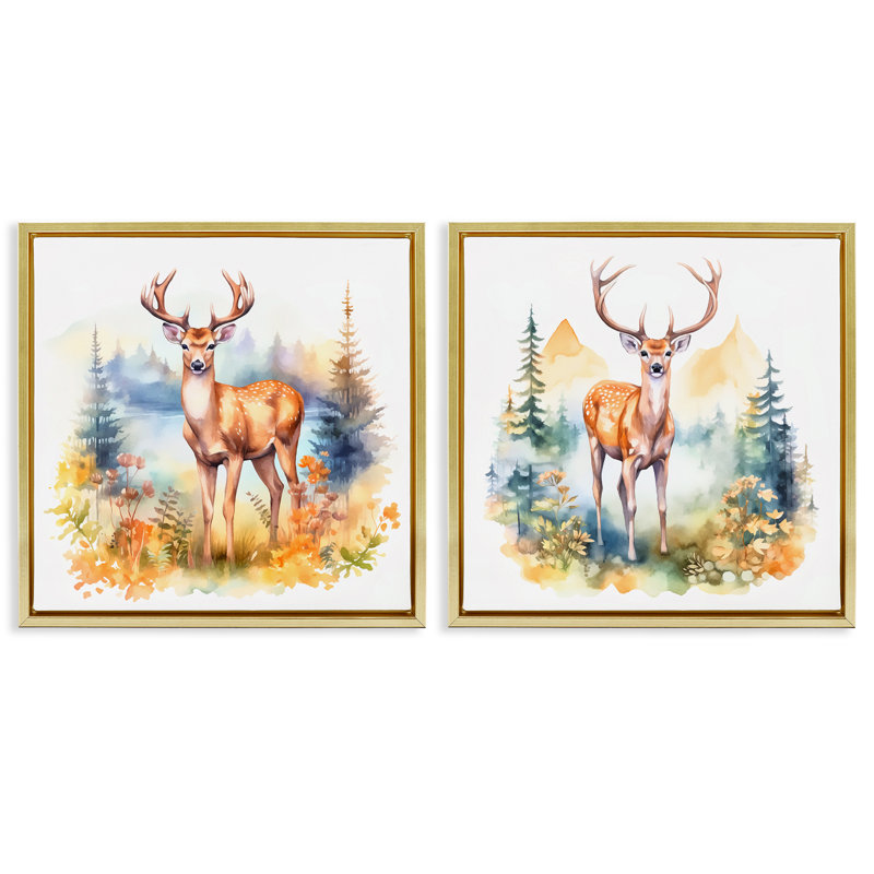  Ensemble de 2 toiles flottantes Wild Deer, H 18 po x l 18 po, Cadre flottant métallique doré