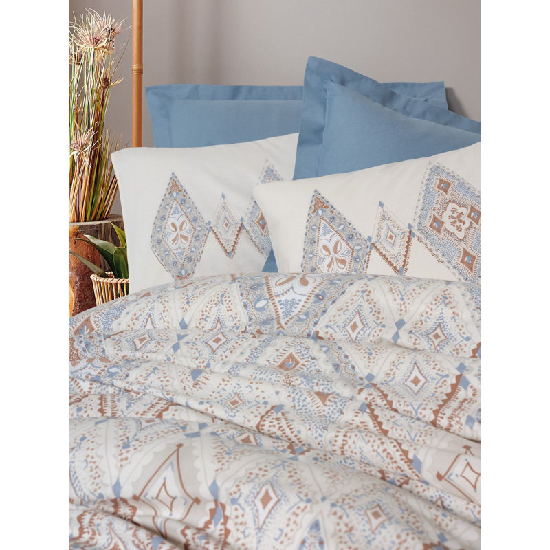 Premium Indigo Quilt Cover Set, 100% Cotton Ranforce | Includes 79 x 87 Duvet Cover, 94 x 102 Flat Sheet & 20 x 27 Pillowcases (2 Pieces) | Pigment Printing, Machine Washable, Elegant Design