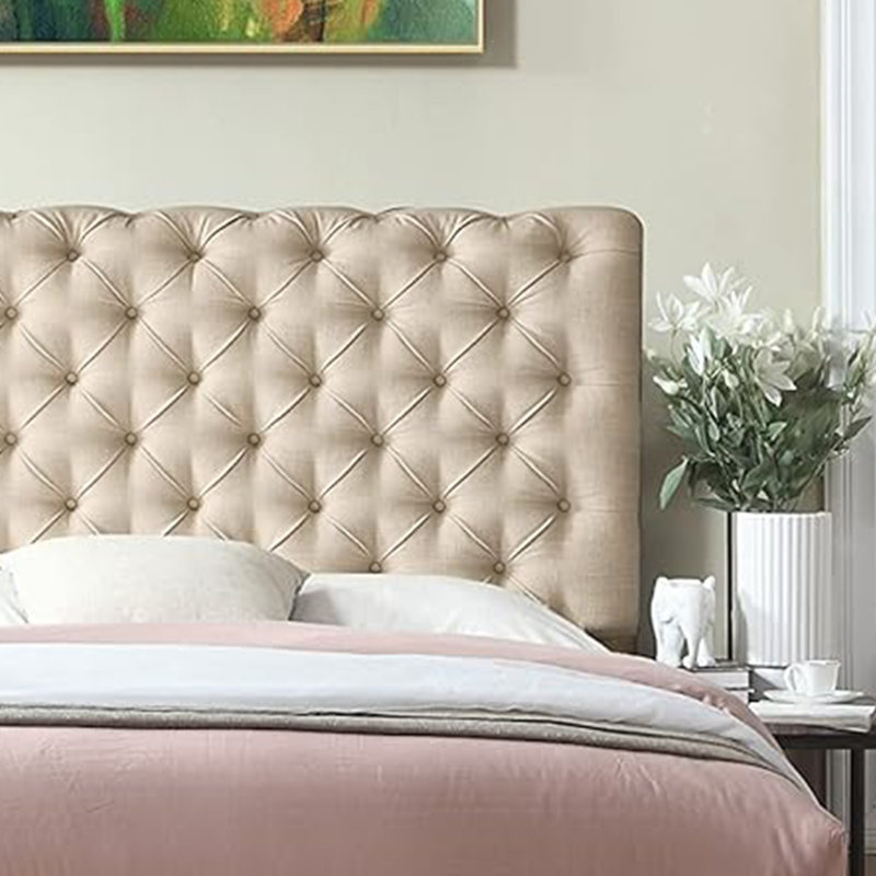 Lit tapissier en tissu, base de lit à hauteur réglable capitonnée, Beige, Lit simple