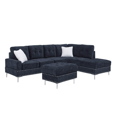 Sectional 3-Seaters Sofa With Reversible Chaise, Storage Ottoman, Metal Legs And Copper Nails,Two White Pillows ,Navy Bule(102" X 76" X35")
