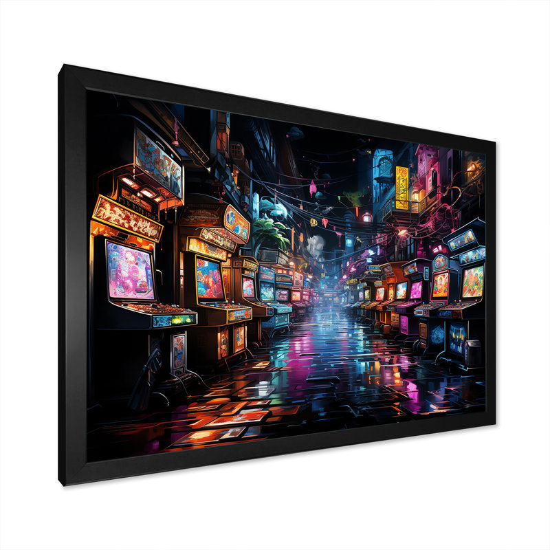 Neon Arcade - jeu vidéo grand art mural, H 12 po x l 20 po x P 1 po, Cadre d'angle fermé noir