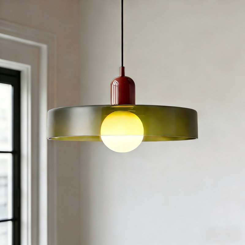 Luminaire suspendu réglable 1 lumière de style Mid-Century moderne, abat-jour en verre vert olive avec accent rouge, luminaire suspendu pour îlot de cuisine, salle à manger, salon