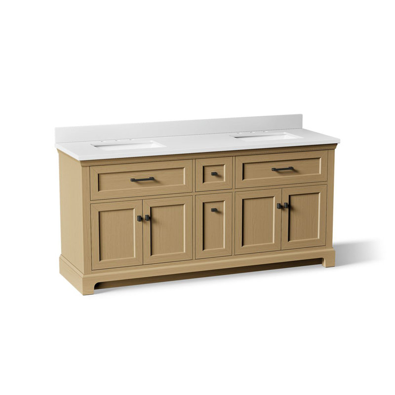 Charlemont 60 In. Bathroom Vanity Cabinet With Sinks And Quartz Top, Matte Black, Light Oak