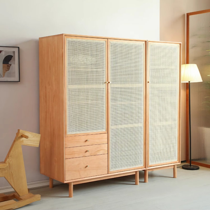 Simple Solid Wood and Rattan Woven Wardrobe
