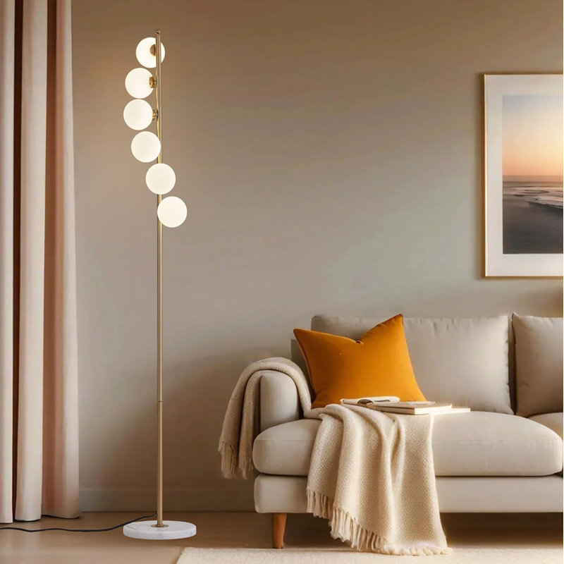 Mid Century Modern Floor Lamp With 6 Frosted Glass Globes, 3 Color Temperature Adjustable Standing Lamp For Living Room Bedroom Office, Foot Switch Control