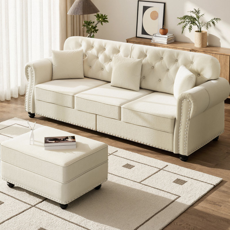 Canapé modulaire rembourré en L de 82,6 po en forme de L avec repose-pieds, style Chesterfield de style Mid-Century, capitonné avec garniture cloutée et accoudoirs roulés, comprend 3 coussins