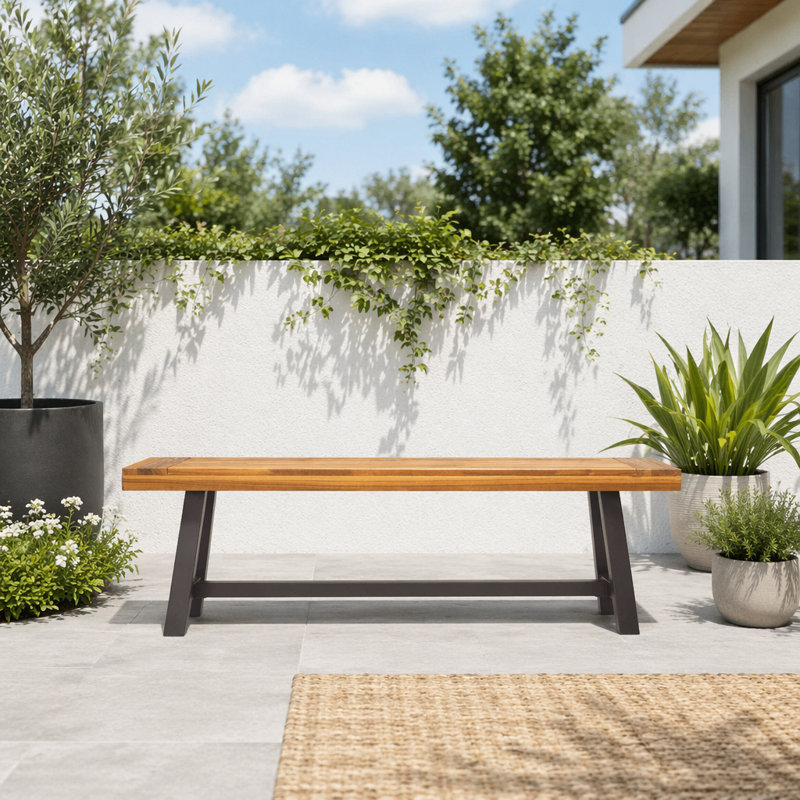 Banc de salle à manger en bois d'acacia avec cadre en métal noir rustique, Brun - 2 pièces