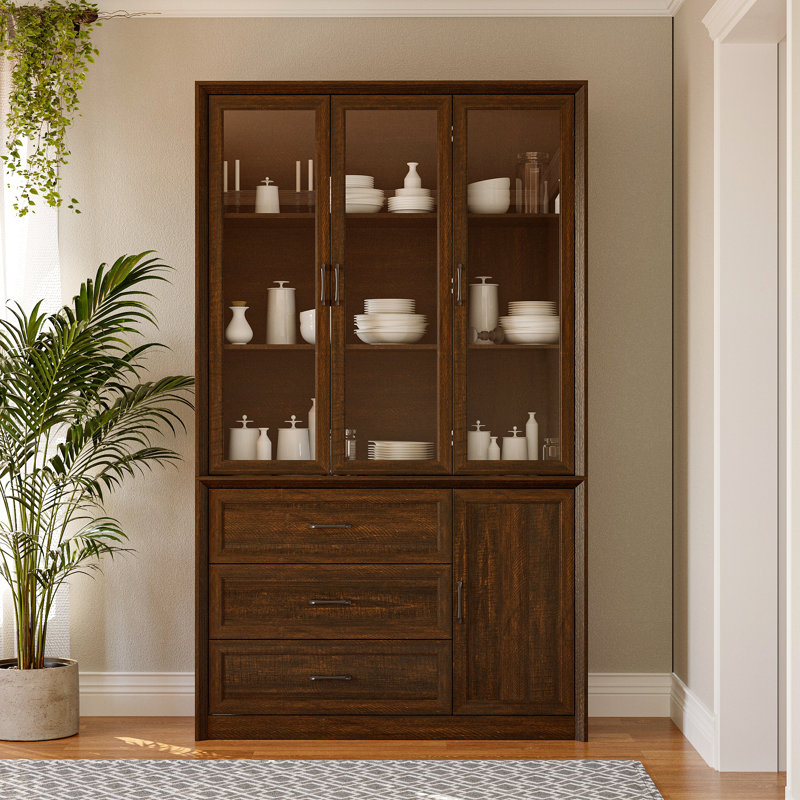 Thickened Wood Grain Dining Cabinet With Glass Door Cabinet + 3 Drawers, Espresso Wood