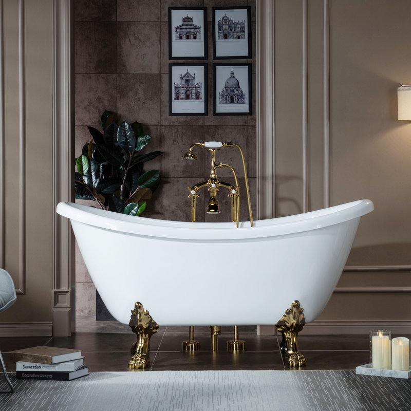 59" x 28" Clawfoot Soaking Acrylic Bathtub, White, Polished Gold