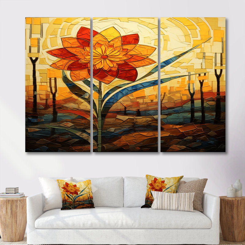 Ensemble de salon art mural rouge et jaune, Toile tendue, H 32 po x l 48 po x P 1 po