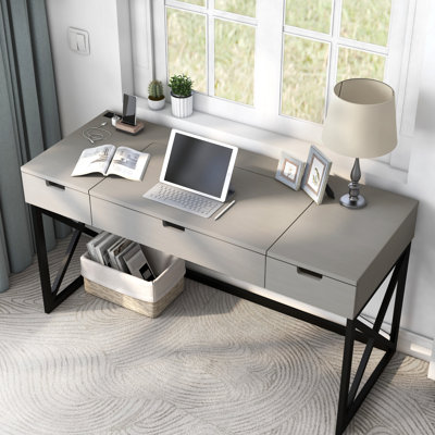 Adjustable Height Steel Writing Desk with Built-In Electrical Outlet