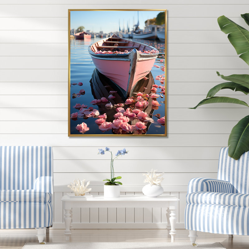 «Port Docked Memories - Nautical & Beach», reproduction d'art sur toile, H 44 po x l 34 po x P 1,5 po, Cadre flottant doré