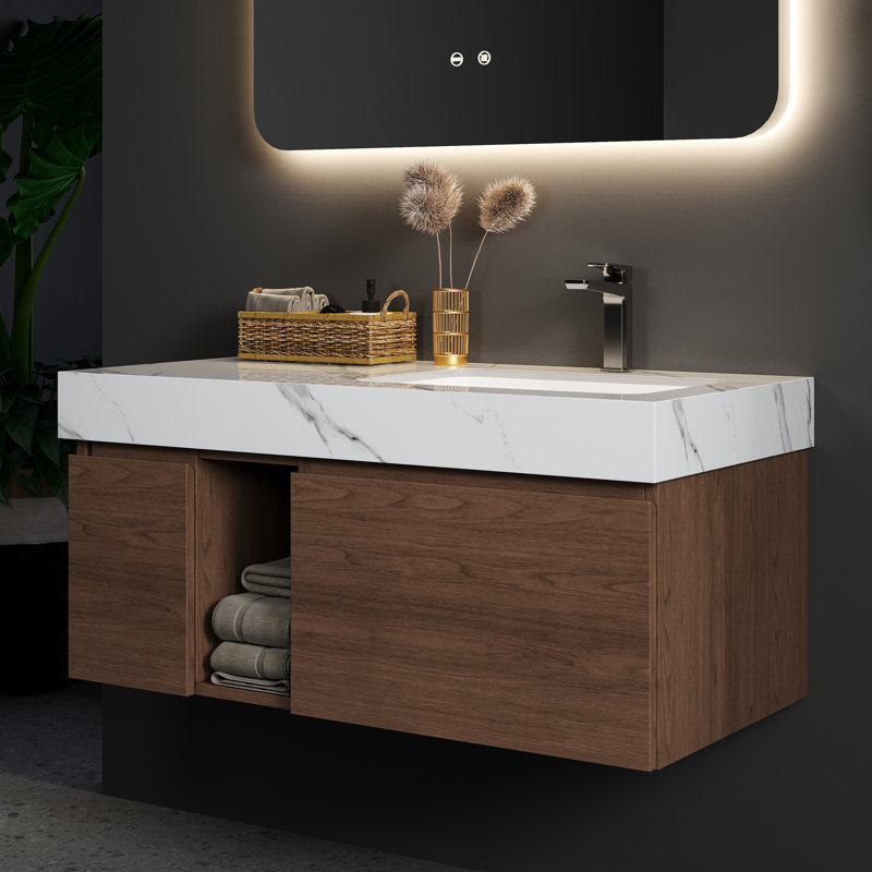 Meuble-lavabo mural simple 47,6 po avec 2 tiroirs flottants modernes en bois massif, Noyer, Blanc, 36"